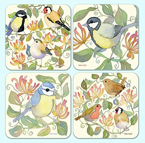 GARDEN BIRDS on HONEYSUCKLE - Emma Ball Colourful Coaster Set x 4