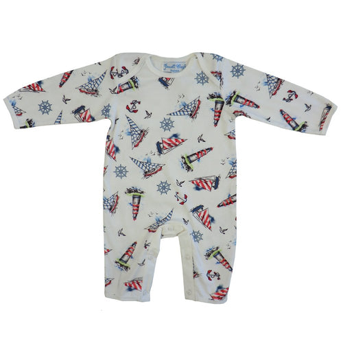 Powell Craft Baby Boys Cotton Nautical Jumpsuit/Babygrow. White