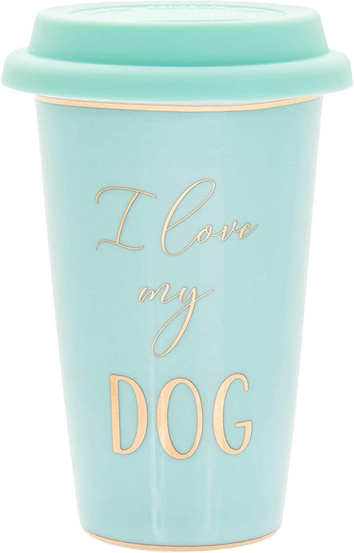 Fine China Green Travel Mug - Silicone Lid, Gold Wording and Trim - I Love My Dog