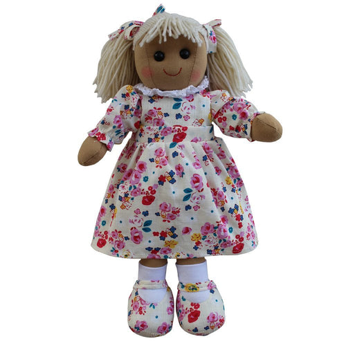 Multi coloured floral print dress rag doll with floral shoes. size 40cm.