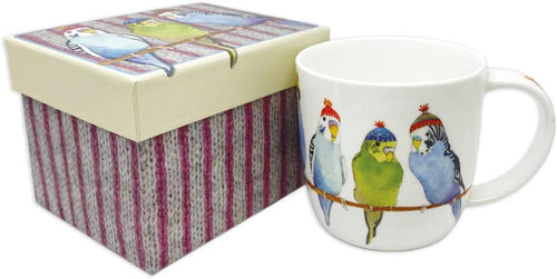 Emma Ball Bone China Mug with Gift Box 350ml Budgies in Beanie Hats