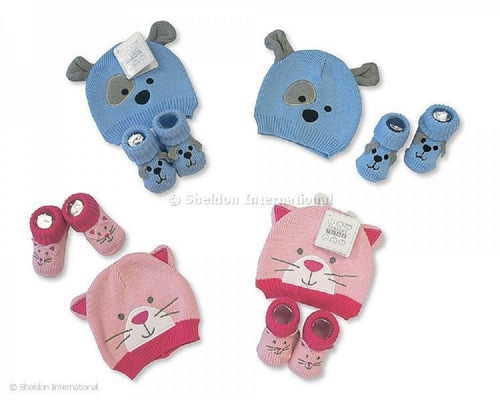 Nursery Time NT0683 100% cotton knitted set of Hat and Booties in Pink or Blue. Available for age 0-12 months