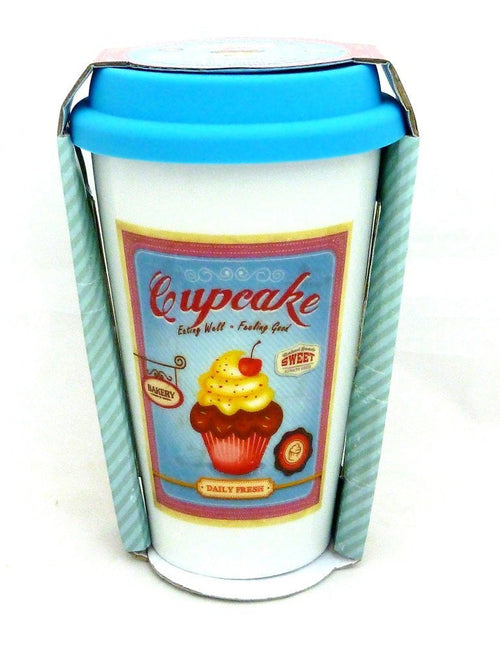Retro Ceramic Cupcake Travel Mug in 3 Colours Blue Pink and Orange one supplied
