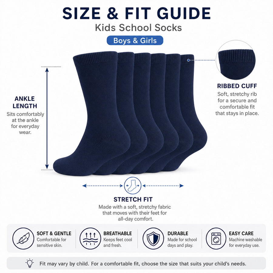 Sock Stack 6 Pairs Kids Cotton Rich School Socks Ankle Breathable Durable Uniform Unisex