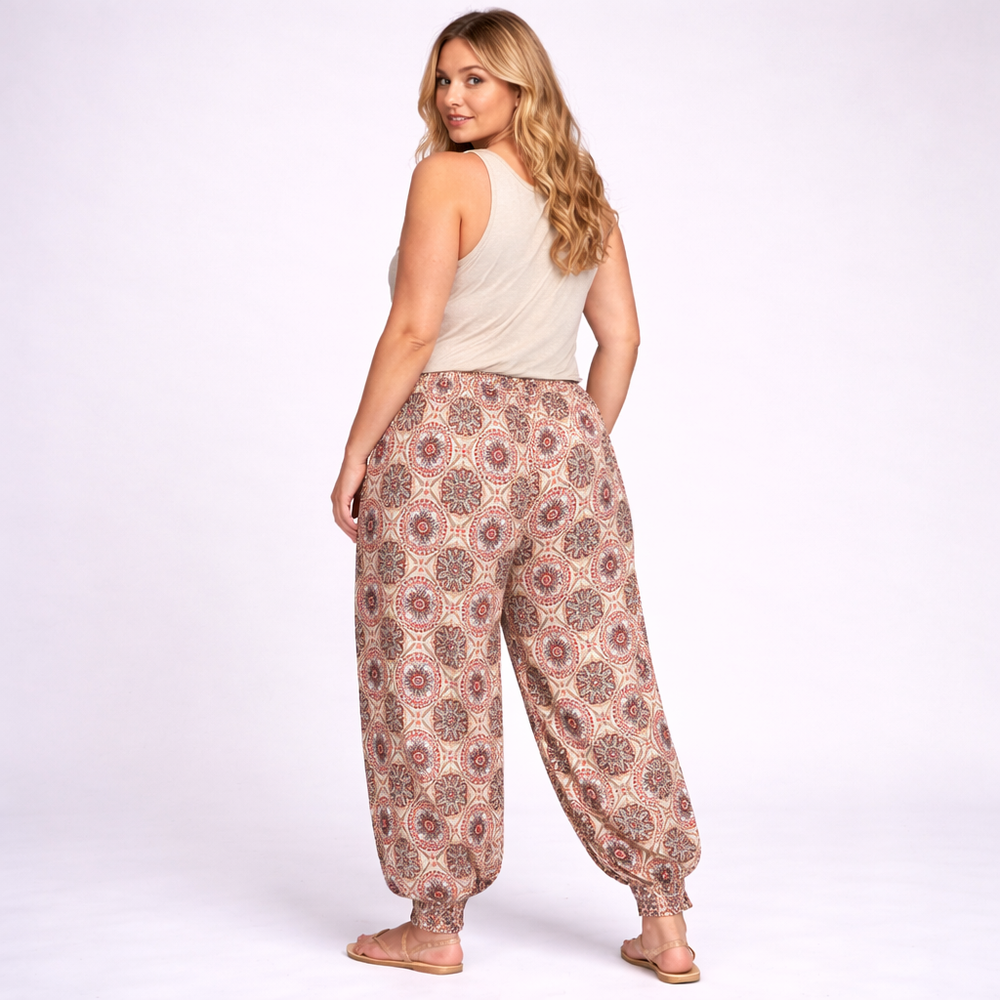 Stone Wine Tile Print High Waist Harem Pants