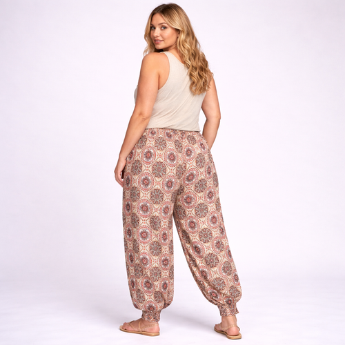 Stone Wine Tile Print High Waist Harem Pants