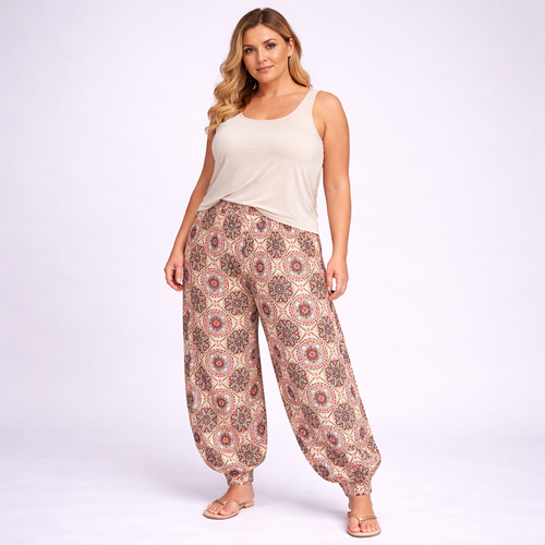 Stone Wine Tile Print High Waist Harem Pants