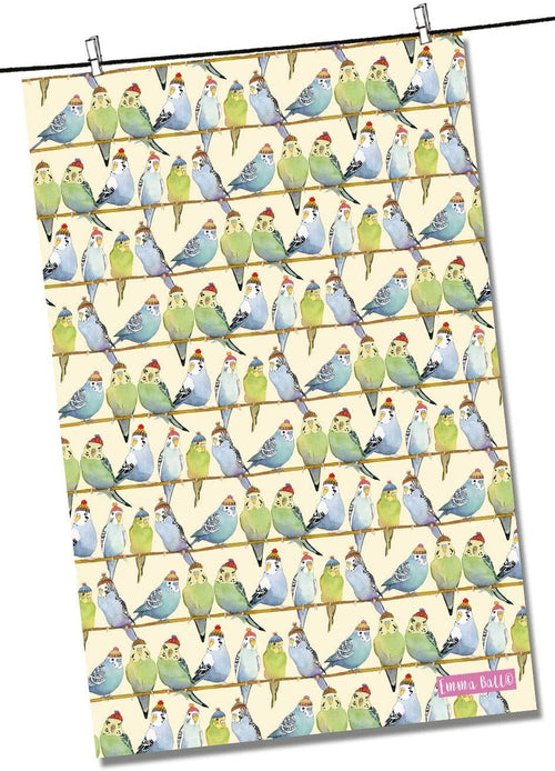Emma Ball Cotton Tea Towel Budgies in Beanie Hats