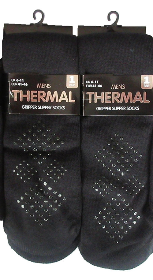 Mens Gripper Slipper 2 Pairs Thermal Socks Non Slip Silicone Grip Winter WarmBLK