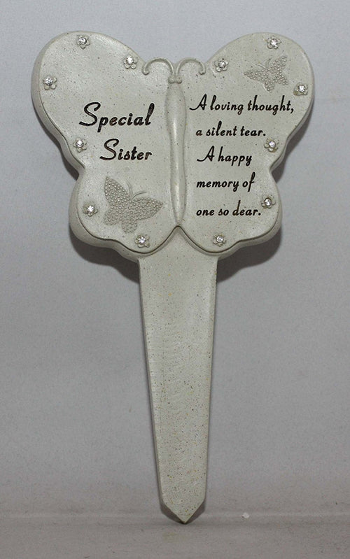 Sister Diamante Memorial Butterfly Stake Garden Stone Plaque Grave Ornament pushes in ground