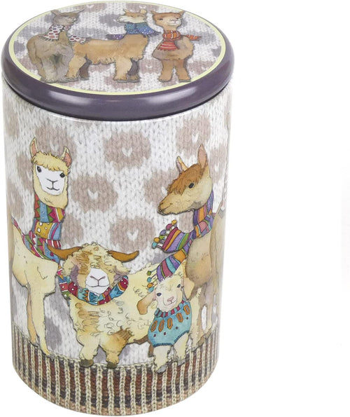 Emma Ball Round metal storage box Alpacas and goat angora pattern Height 16.5 cm