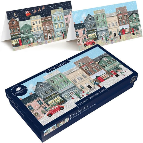 Tom Smith Boxed Christmas Cards Pack - 15 Luxury Xmas Cards with Envelopes and Seals - Slimline Festive Shopfront Designs - Recycled Eco Friendly Christmas Card Set