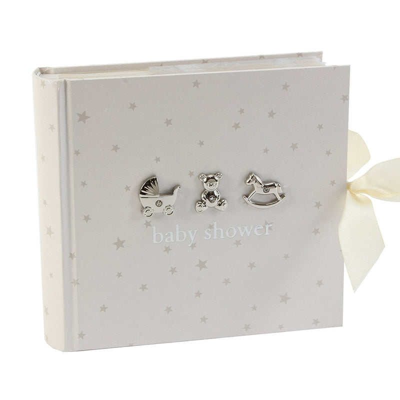 Beautiful Bambino "Baby Shower" 6" x 4" Slip in Photo Album - White with silver stars & icons