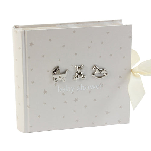 Beautiful Bambino "Baby Shower" 6" x 4" Slip in Photo Album - White with silver stars & icons