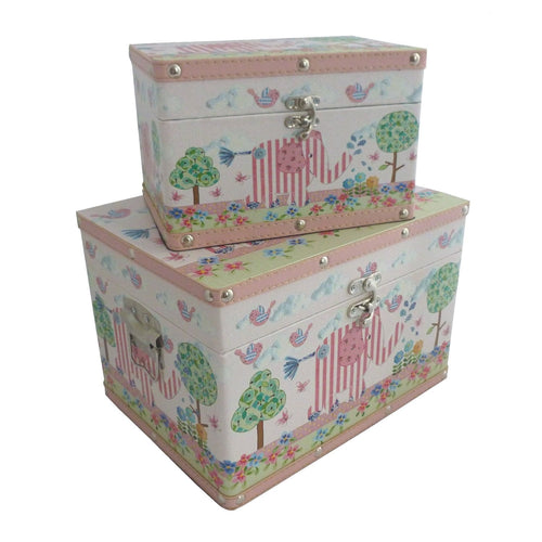 Pink Toy Box Or Keepsake Box Set With Little Bird And Elephant Design