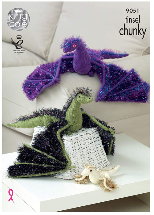 King Cole 9051 Knitting Pattern Toy Dragons in Tinsel Chunky and Pricewise DK