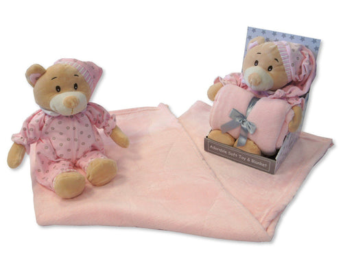 Baby Girls Pink Soft Teddy Bear In Pyjamas & Blanket - Boxed Gift Set