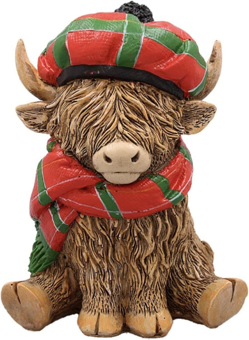 Happy Highland Cow Ornament in Traditional Tartan Scarf & Hat, Celebrating Scottish Heritage, Crafted from Durable Resin, 12cm Gift-Boxed Figurine with...