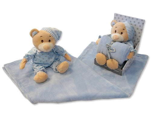 Baby Boys Blue Soft Teddy Bear In Pyjamas & Blanket - Boxed Gift Set