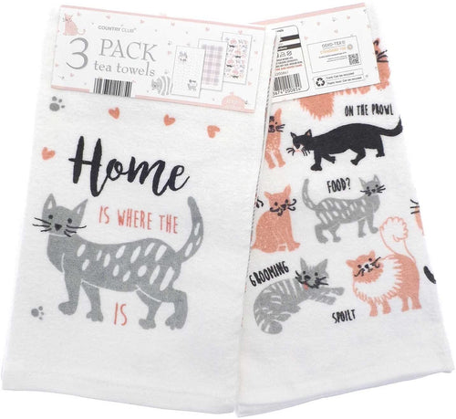 Pack of 3 Cats Design Tea Towels - Gift idea for a cat lover - 100% Cotton - Great value triple pack