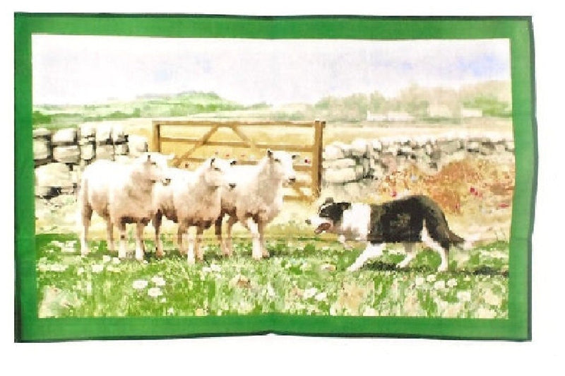 Collie Dog with Sheep Large Cotton Tea Towel