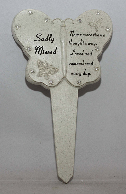 Sadly Missed Diamante Memorial Butterfly Stake Garden Stone Plaque Grave Ornament pushes in ground