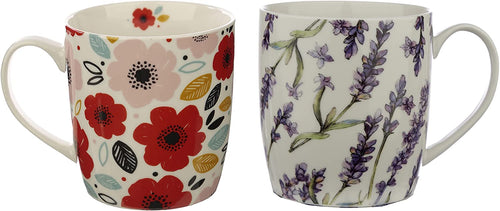 Puckator Poppy Fields & Lavender Fields Pick of The Bunch Set of 2 Porcelain Mugs Coffee Tea Cups, Food Dishwasher & Microwave Safe, Home Office Work, Multicolour