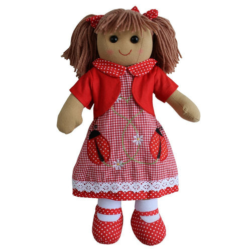 Ladybird embroidered dress rag doll with red cardigan and red polka dot shoes. size 40cm.