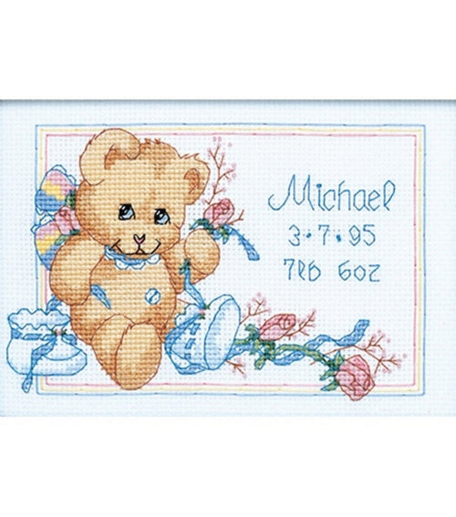Dimensions Jiffy Bear In Booties Birth Record Mini Cntd XStitch Kit