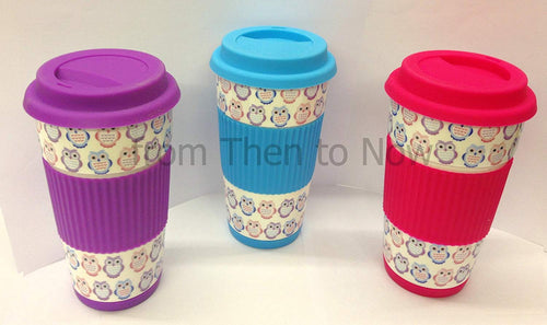 Owl Take Away Thermal Insulated Ceramic Eco Cup Travel Mug Silicon Lid & Grip (Purple)