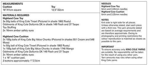 King Cole 9089 Knitting Pattern Highland Cow Toy & Cushion Covers in King Cole Tinsel Chunky