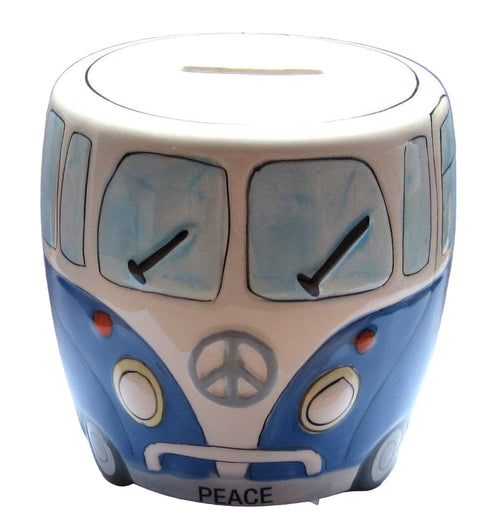 White and Blue Ceramic Camper Van Money Box with 'PEACE' on the Front