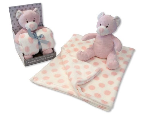 Baby Girls Pink Soft Teddy Bear & Polkadot Blanket - Boxed Gift Set
