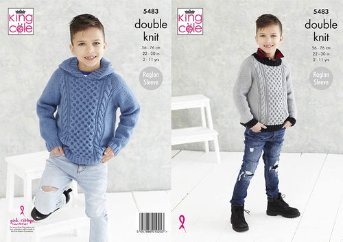 King Cole 5483 Boy's Crew Neck or Hooded Raglan Sleeve Knitting Patterns