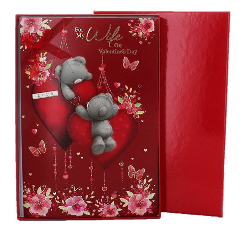 Wife Valentine's Day Card & Red Box - Grey Bears, Big Hearts & Flowers 10" x 7"