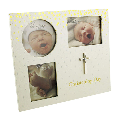 Beautiful Bambino Christening Day 3 aperture Photo Frame with cross - gold & silver decoration