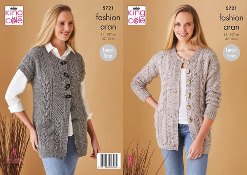 King Cole 5721 Knitting Pattern Womens Cable Waistcoat and Jacket in King Cole Fashion Aran