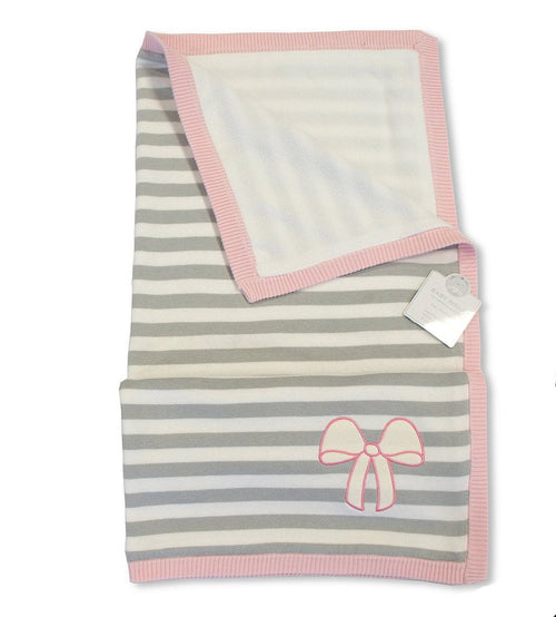 Supersoft Superior Luxurious Knitted Grey Stripe Pink Bow Pram/Crib Blanket