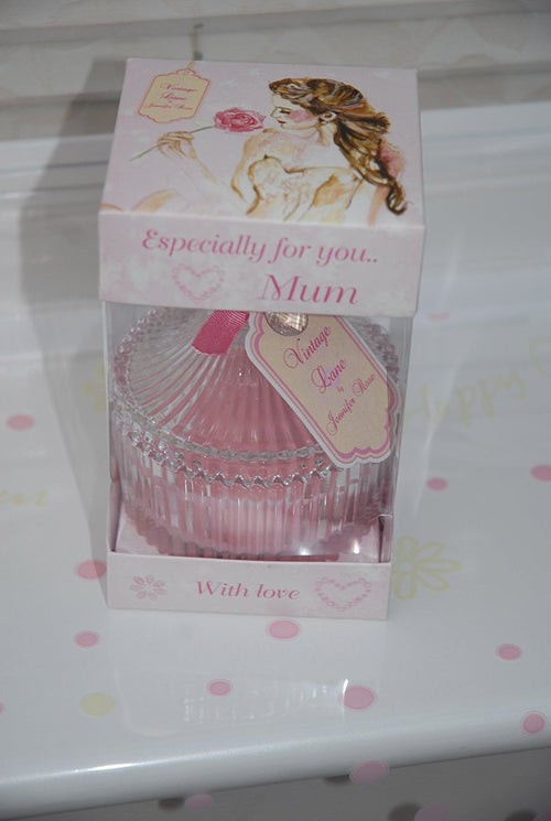 Vintage Lane Mum Rose Candle in a Glass Jar by Jennifer Rose Gift Wrapped in a Lovely Cellophane with Pink Bow