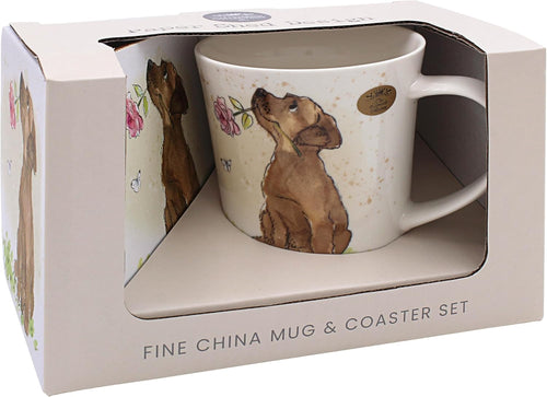 The Leonardo Collection Paper Shed Design Dog with Rose Mug with Coaster for Home & Kitchen | Stylish Ceramic Mugs for Tea & Coffee | Lovely Cup Set for Mens Gifts & Birthday Gifts for Women