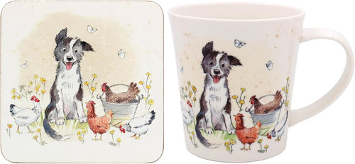 The Leonardo Collection Paper Shed Design Collie & Hens Mug with Coaster for Home & Kitchen | Stylish Ceramic Mugs for Tea & Coffee | Lovely Cup Set for Mens Gifts & Birthday Gifts for Women