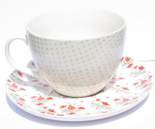 Large Ceramic Grey Spotted with Red Flowers Cup and Saucer