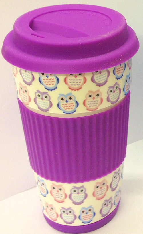 Owl Take Away Thermal Insulated Ceramic Eco Cup Travel Mug Silicon Lid & Grip (Purple)