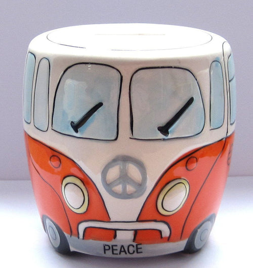 White and Orange Ceramic Camper Van Money Box with 'PEACE' on the Front