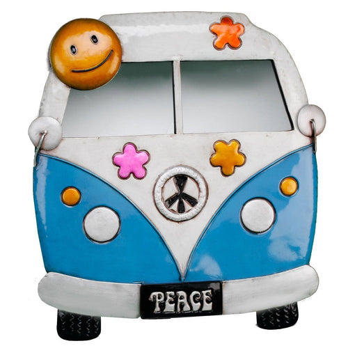 Metal Wall Art Hanger - Funky Blue Camper Van Decoration with Windshield Mirror