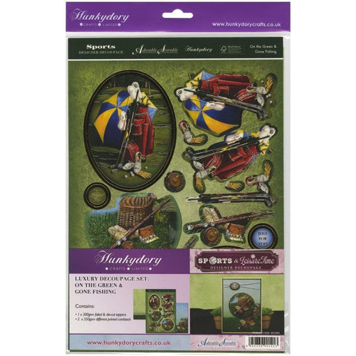 hunkydory adorable scorable sports & leisure time designer decoupage set on the green & gone fishing