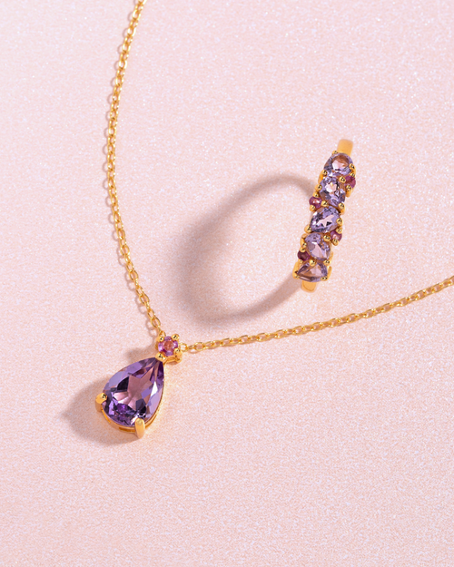 Pink Ruby & Amethyst Pear Cut Half Eternity Band in 18k Gold Vermeil