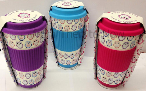 Owl Take Away Thermal Insulated Ceramic Eco Cup Travel Mug Silicon Lid & Grip (Purple)