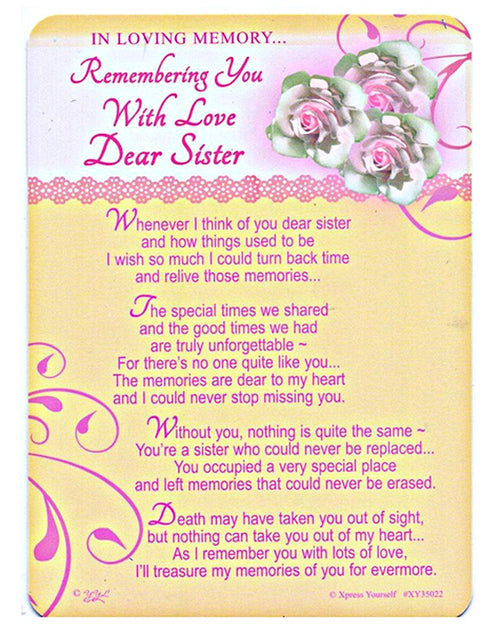 In Loving Memory - Remembering You With Love Dear Sister - Grave/Graveside Memorial Card