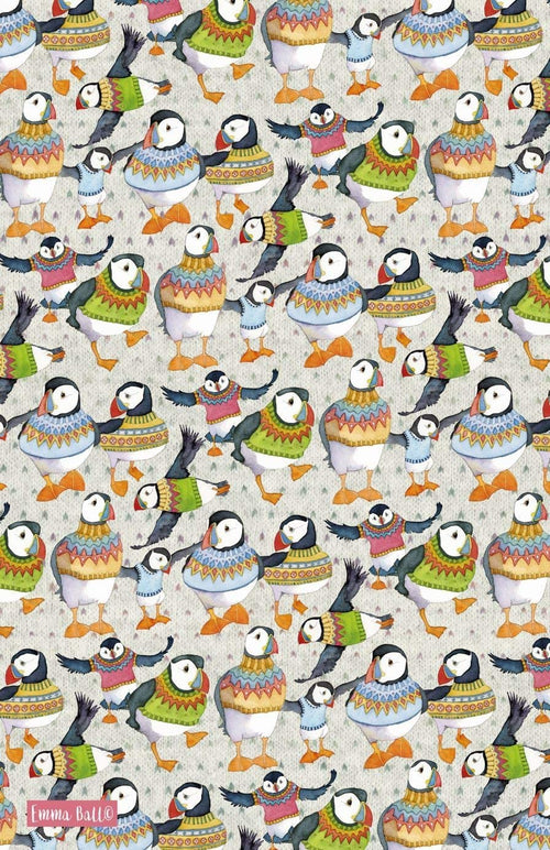 Emma Ball Woolly Puffins Cotton Tea Towel